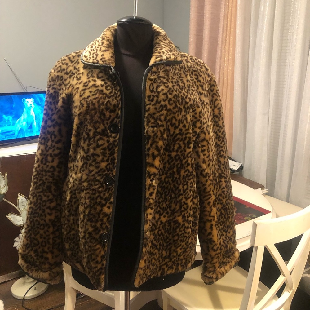 Designer Reversible Leopard Faux Fur Jacket, Other Side Black Waterproof, Sz M